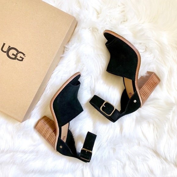 UGG Black Suede Ankle Strap Peep Toe Sandals - Picture 2 of 8